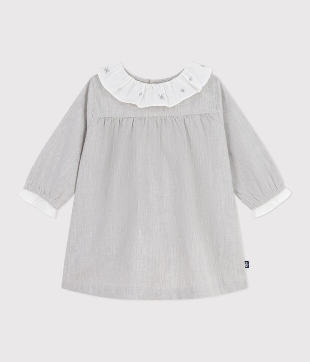 Robe b&eacute;b&eacute; en flanelle manches longues unie &agrave; col gris chin&eacute;
