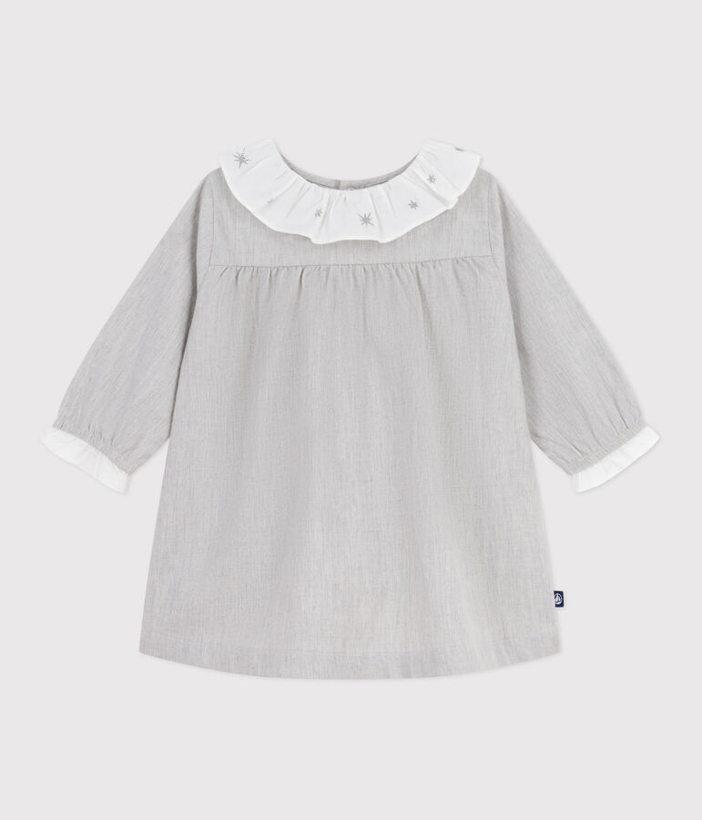 Robe b&eacute;b&eacute; en flanelle manches longues unie &agrave; col gris