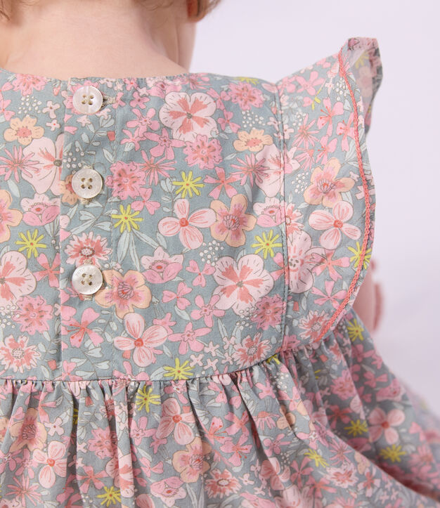Robe b&eacute;b&eacute; en coton manches courtes et son bloomer imprim&eacute;s fleurs bleu/multicouleur