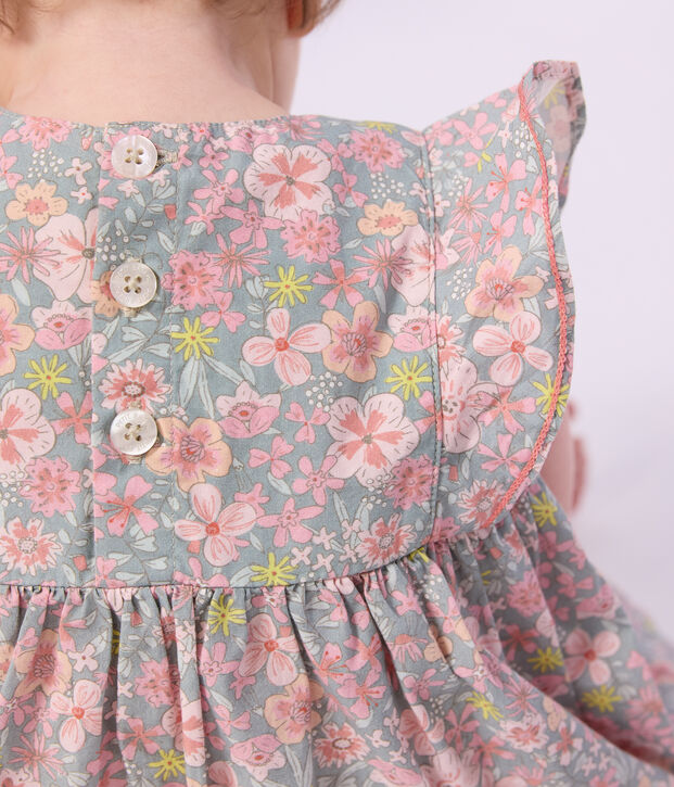 Robe b&eacute;b&eacute; en coton manches courtes et son bloomer imprim&eacute;s fleurs bleu/multicouleur
