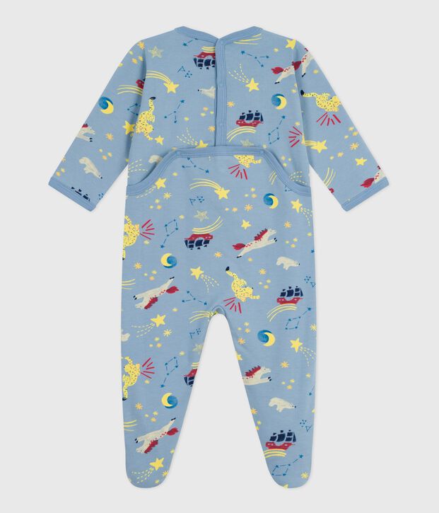 Pyjama b&eacute;b&eacute; en molleton gratt&eacute; ouverture au dos imprim&eacute; bleu/blanc