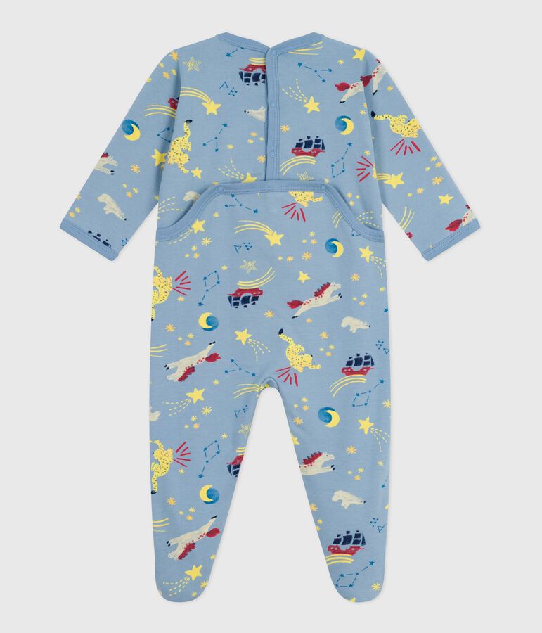 Babypyjama van geruwde fleece met opening op de rug en print blauw/wit