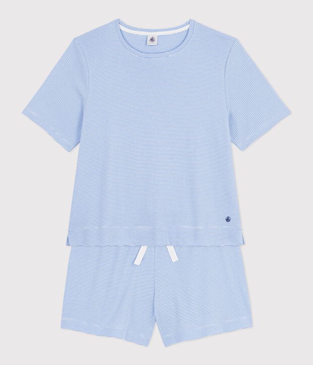 Katoenen korte damespyjama met strepen blauw/wit