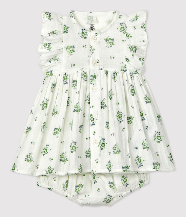 Jurk met bloomer met bloemenprint van biologisch katoengaas voor baby's wit/multicouleur
