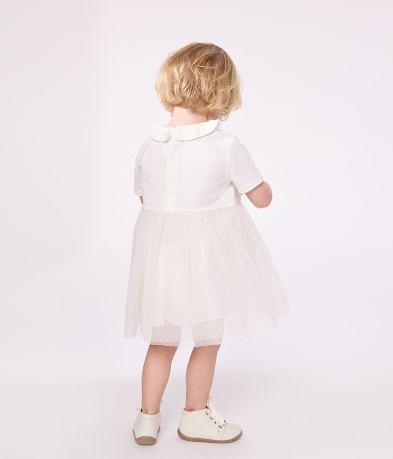 Robe b&eacute;b&eacute; en coton et tulle manches courtes et colerette blanc/rose