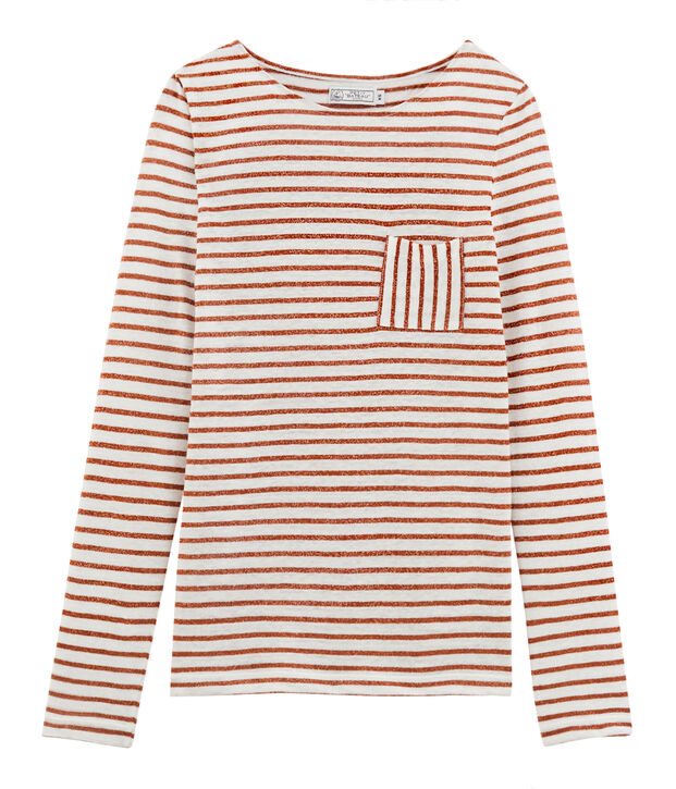 Dames-t-shirt met lange mouwen van linnen wit/roze