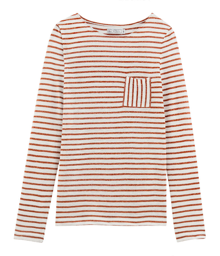 Dames-t-shirt met lange mouwen van linnen wit MARSHMALLOW/roze COPPER CN