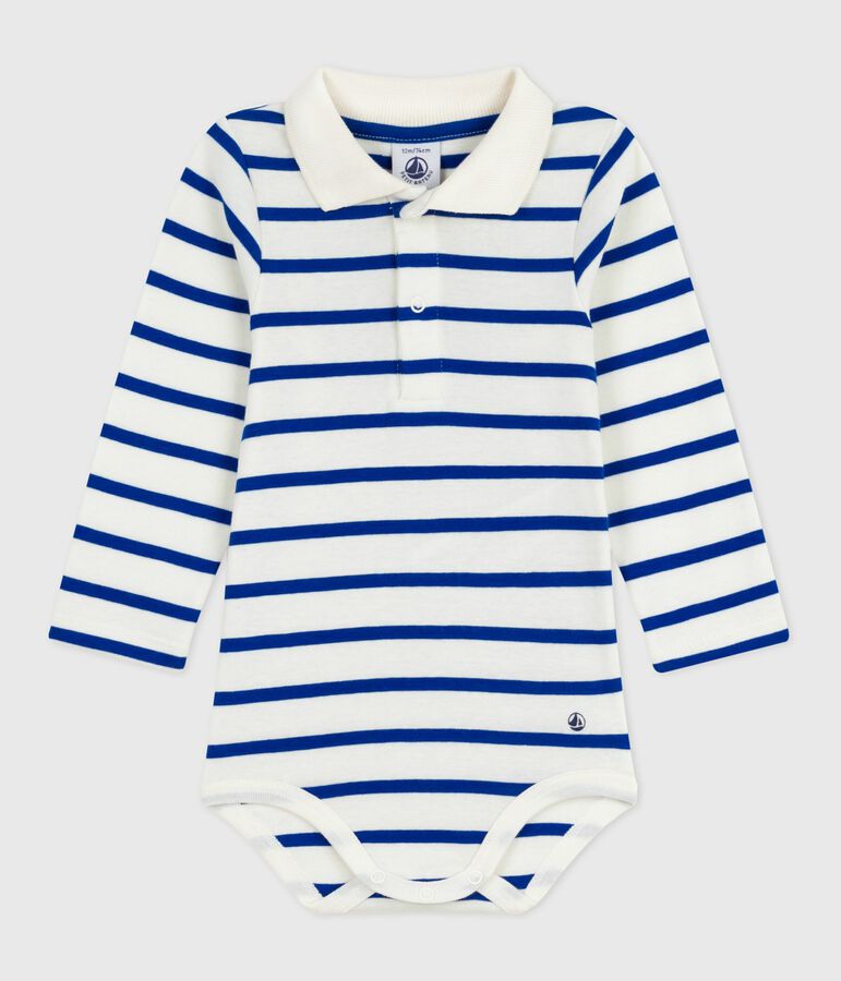 Body b&eacute;b&eacute; en coton col polo ray&eacute; &eacute;cru/bleu