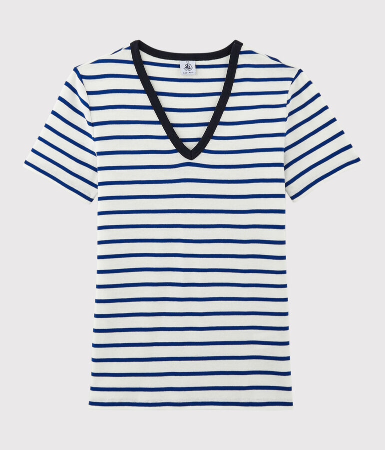 Iconisch katoenen Dames T-shirt met V-hals wit/blauw