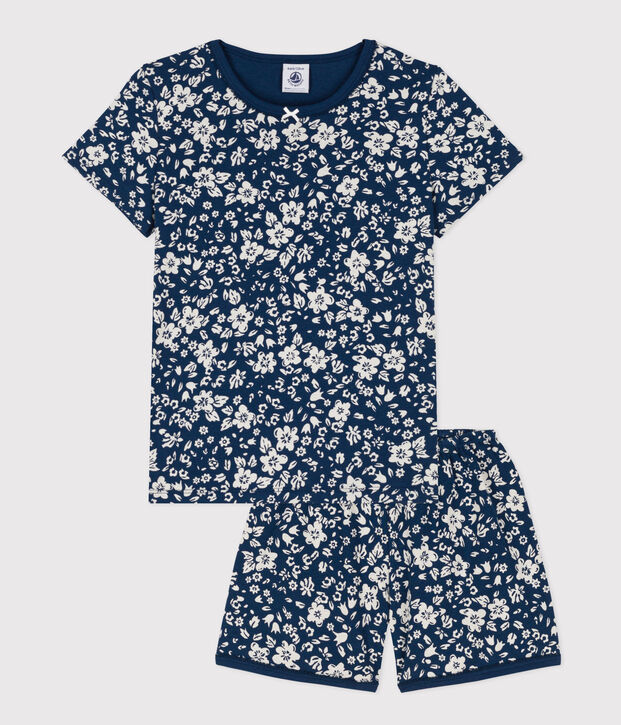 Pyjacourt fleur petite fille en coton bleu/blanc