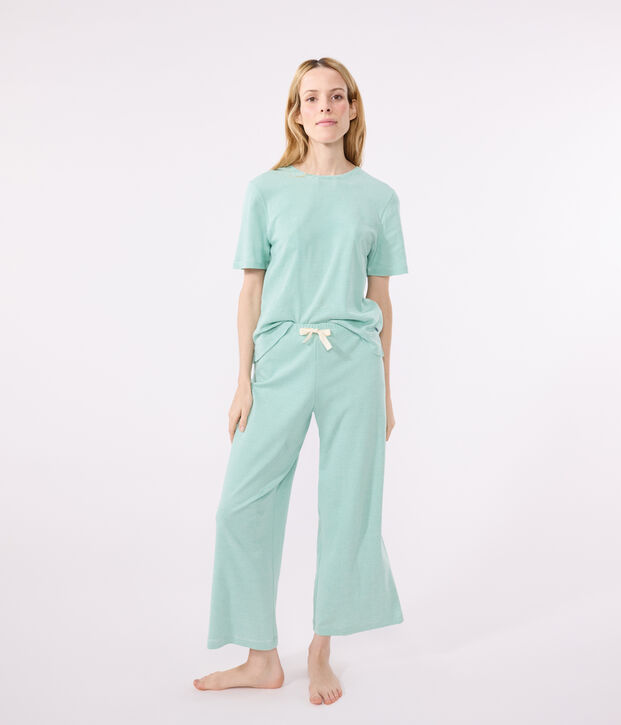 Pyjama femme en coton jambes larges &agrave; rayures vert/blanc