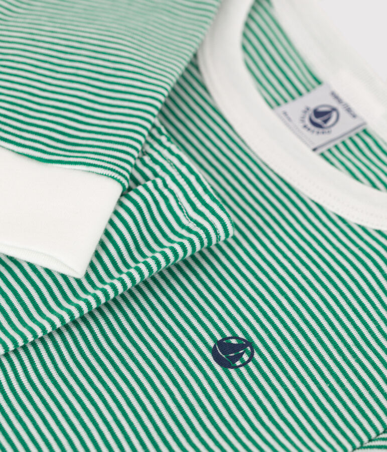 Zeer nauw aansluitende katoenen kinderpyjama met streepjesprint groen JARDIN/ MARSHMALLOW