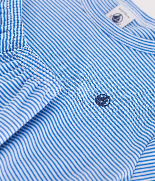 Korte gestreepte katoenen pyjama voor kinderen blauw/wit