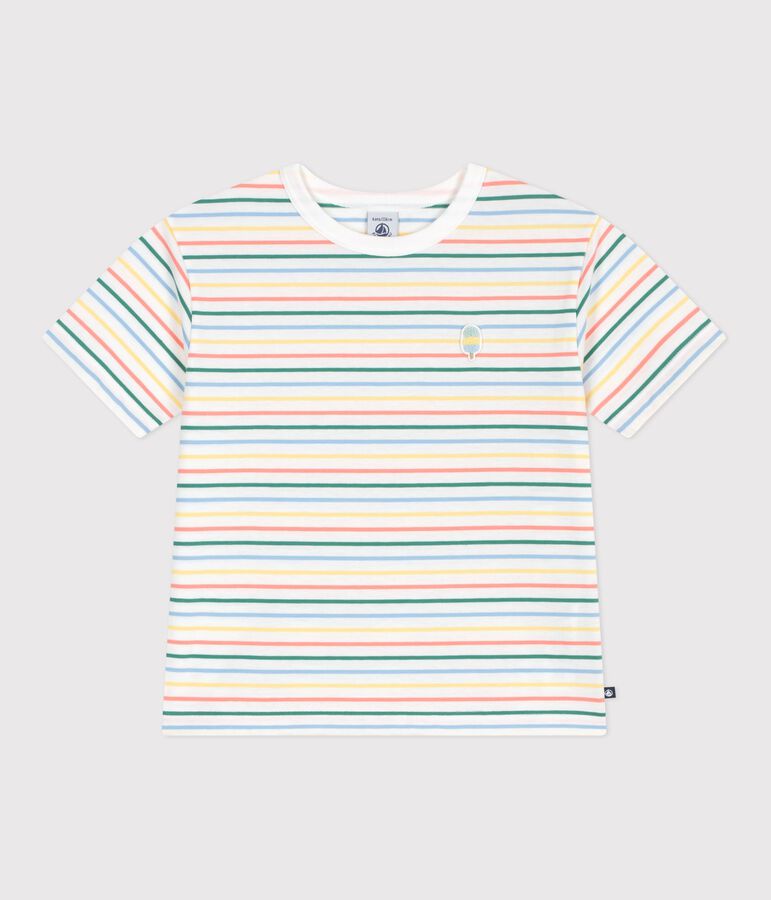 Katoenen kinder-T-shirt met korte mouw en streepjes wit/multicouleur