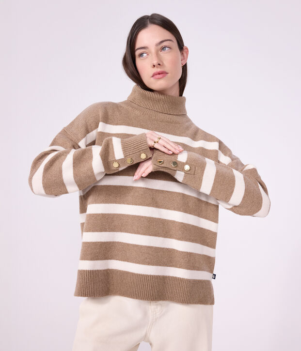 Pull &agrave; col roul&eacute; femme en laine et coton &agrave; rayures beige/&eacute;cru