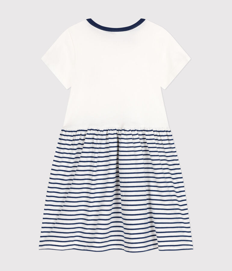 Robe manches courtes en coton enfant fille blanc MARSHMALLOW/bleu MEDIEVAL