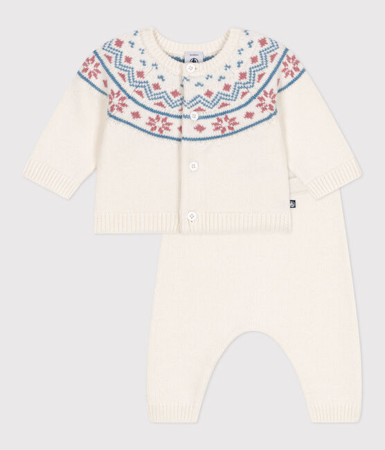 Ensemble 2 pièces bébé cardigan jacquard en tricot blanc MARSHMALLOW/rose CHARME
