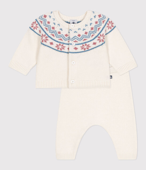 Ensemble 2 pi&egrave;ces b&eacute;b&eacute; cardigan jacquard en tricot blanc/rose