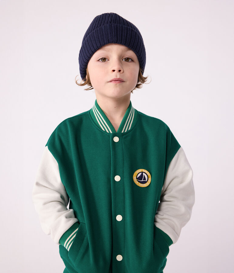 Veste teddy enfant en coton uni vert/&eacute;cru