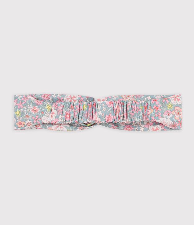 Bandeau enfant en popeline imprim&eacute; fleuri bleu/multicouleur