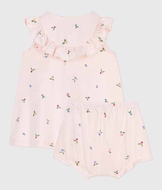 Katoenen babyjurkje met korte mouwen en bloomer met vruchtenprint roze FLEUR/wit MULTICO