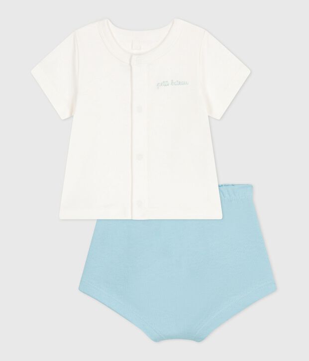 Tweedelig katoenen geboortesetje met effen onderstuk blauw/blauw