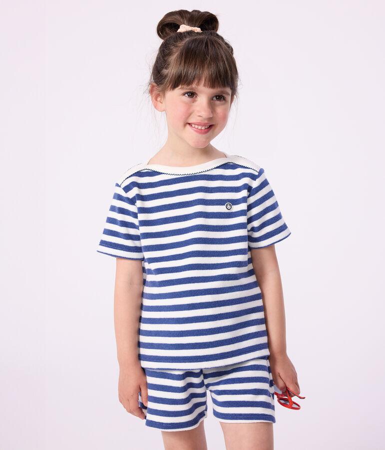 Katoenen kinder-T-shirt met korte mouw en streepjes blauw/wit