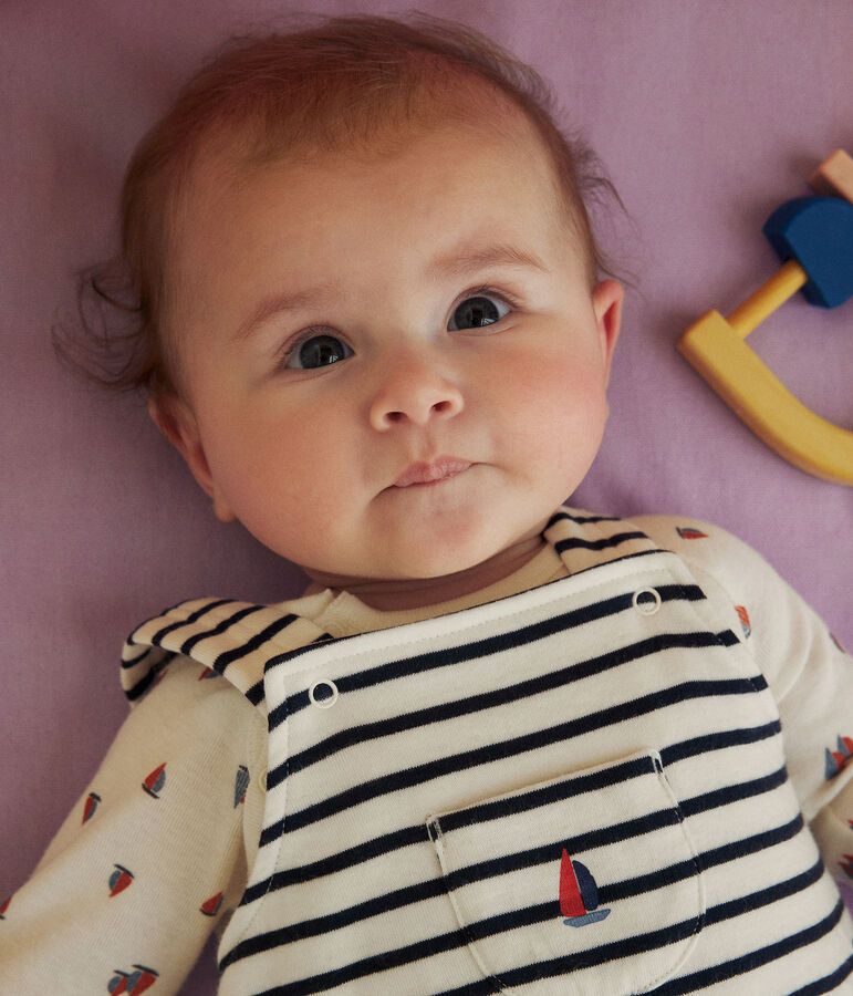 Ensemble salopette et body en coton b&eacute;b&eacute; blanc/bleu