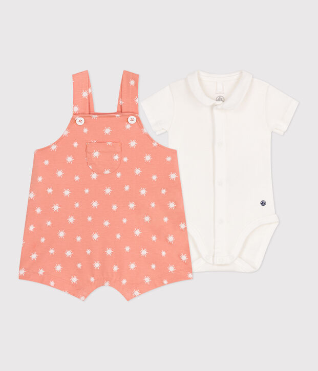 Ensemble naissance salopette en coton imprim&eacute; soleils et body orange/blanc