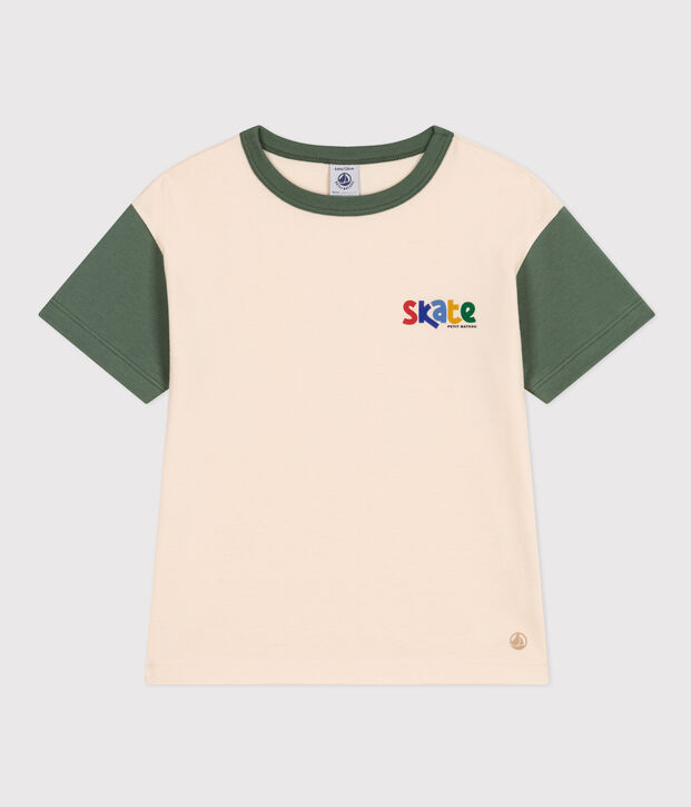 T-shirt met print van jersey voor jongens ecru/groen