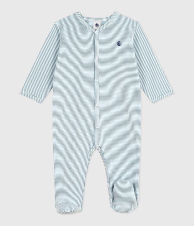Pyjama b&eacute;b&eacute; en coton &agrave; rayures milleraies bleu/blanc