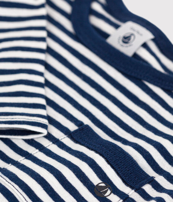 Gestreept en gevlamd T-shirt met lange mouwen in jersey voor baby's blauw MEDIEVAL/wit MARSHMALLOW