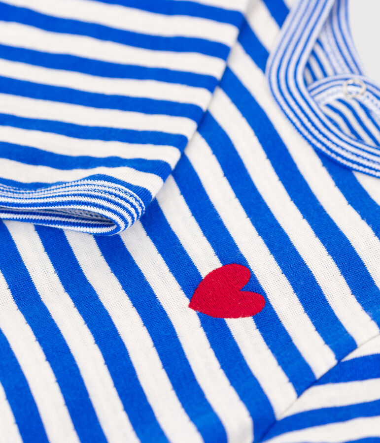 Pyjama b&eacute;b&eacute; en tubique ouverture au dos &agrave; rayures bleu/&eacute;cru