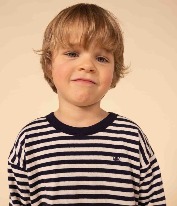 Tee-shirt manches longues en tubique enfant gar&ccedil;on bleu/&eacute;cru