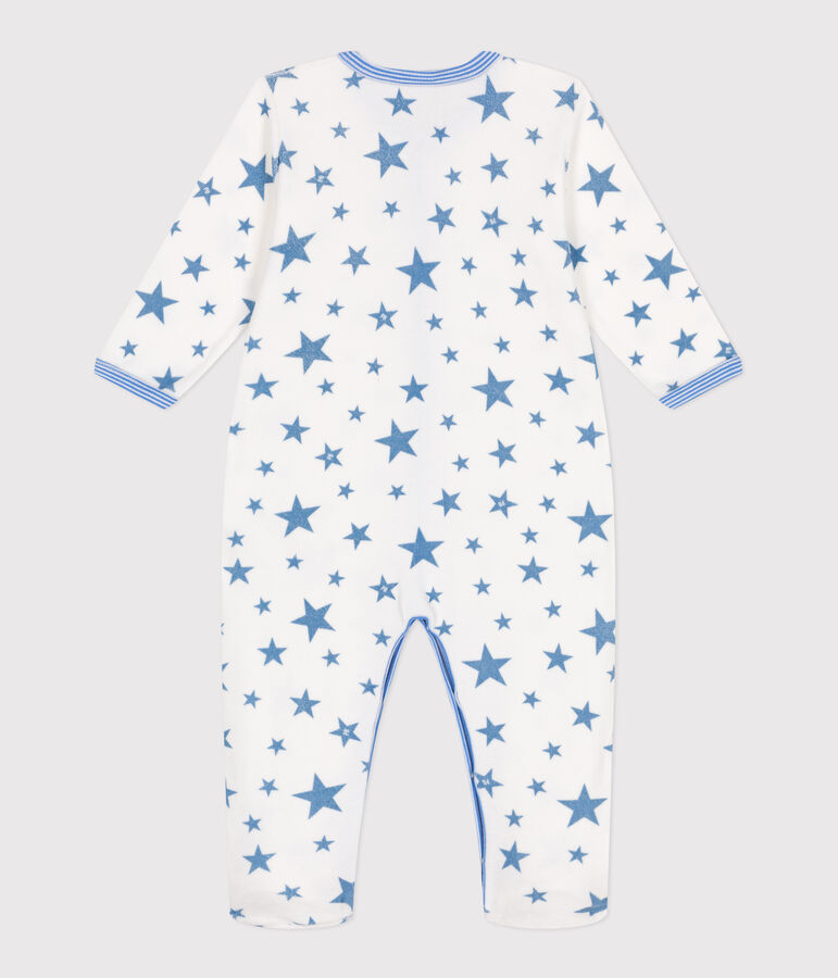 Fluwelen babypyjama met sterrenprint wit MARSHMALLOW/blauw ALASKA