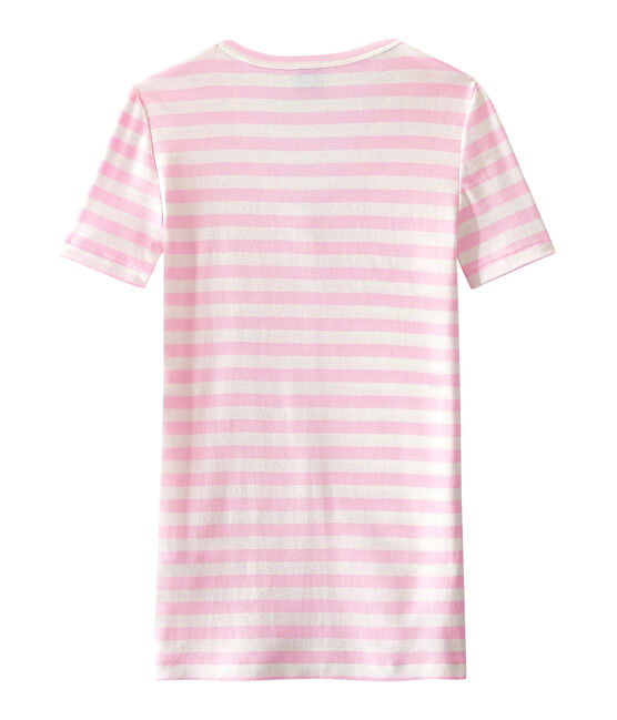 T-shirt femme col V en côte originale rayée rose BABYLONE/blanc MARSHMALLOW