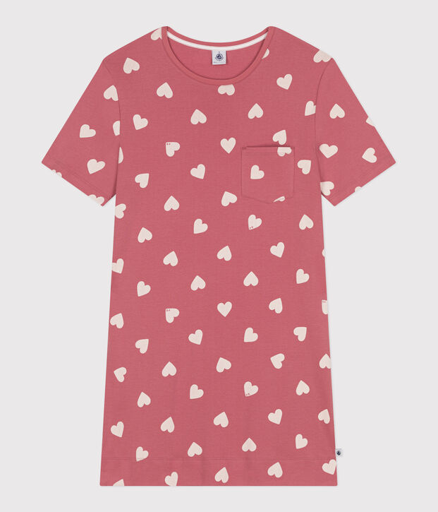 Chemise de nuit femme manches courtes imprim&eacute; c&oelig;urs rose/blanc