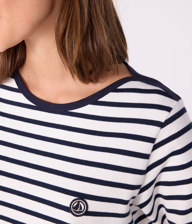 Marini&egrave;re femme en coton &eacute;pais manches longues blanc/bleu