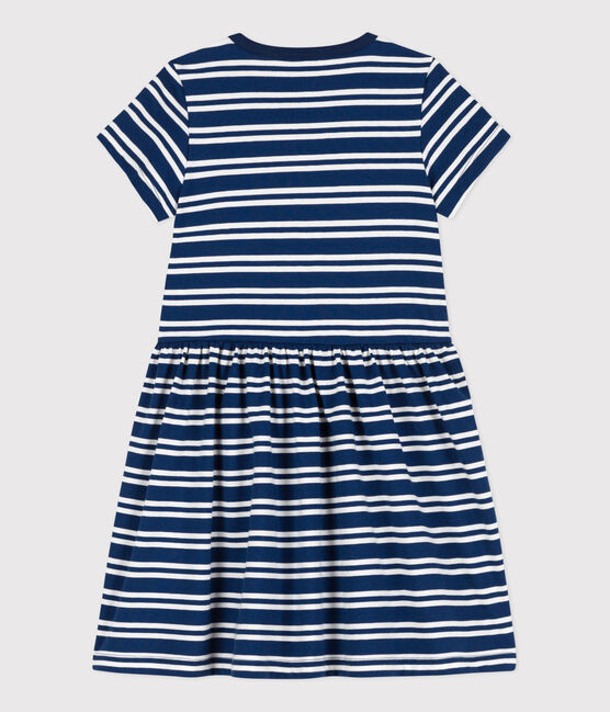 Robe rayée manches courtes en coton enfant fille bleu MEDIEVAL/blanc MARSHMALLOW
