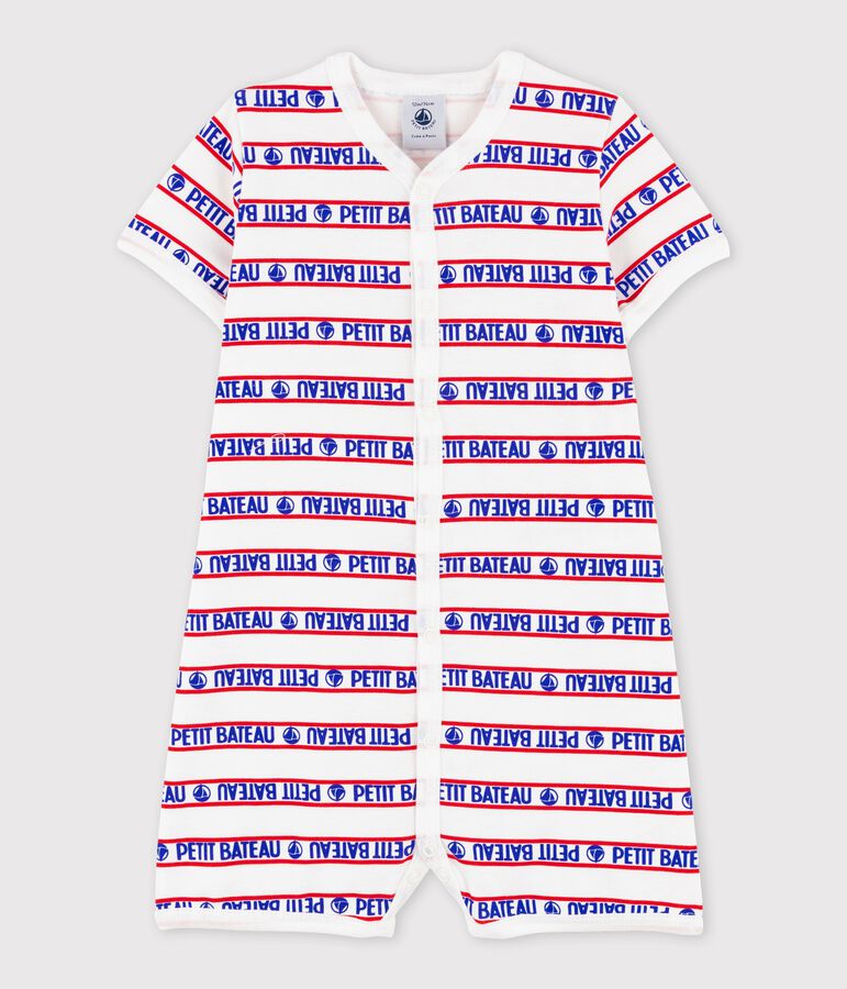 Katoenen  Petit Bateau playsuit voor baby's wit MARSHMALLOW/rood TERKUIT/ MULTICO