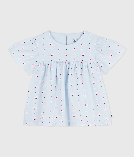 Blouse enfant en popeline de coton manches courtes imprimée bleu FRAICHEUR/blanc MULTICO