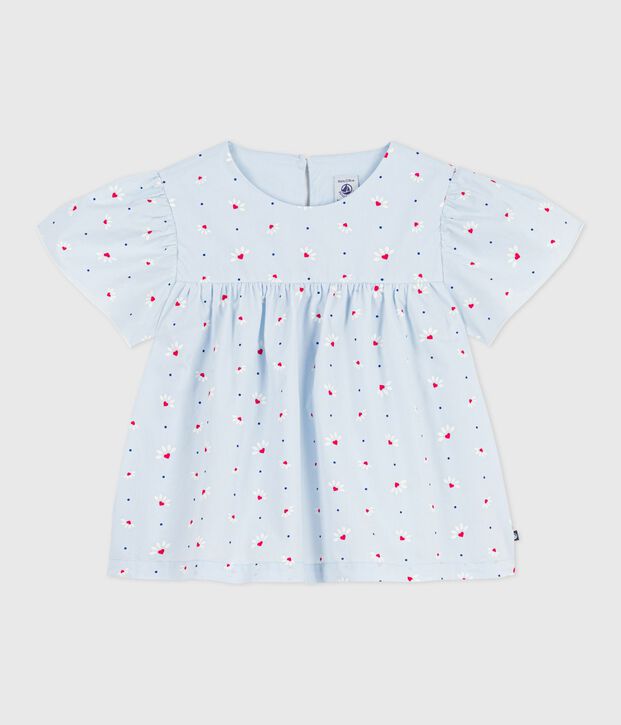 Blouse enfant en popeline de coton manches courtes imprim&eacute;e bleu/multicouleur