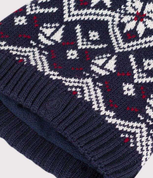 Kindermuts van jacquard in wol en katoen met fleecevoering blauw/ecru/rood