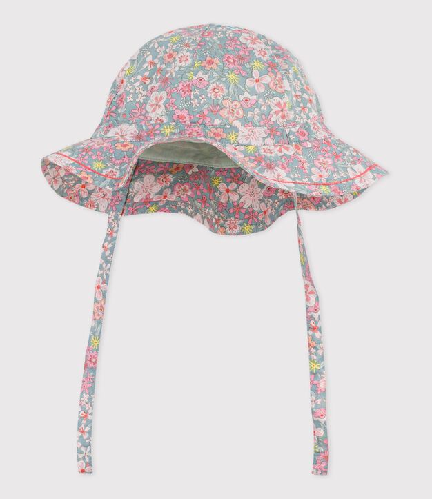 Capeline b&eacute;b&eacute; fille en popeline imprim&eacute; fleurs bleu/multicouleur