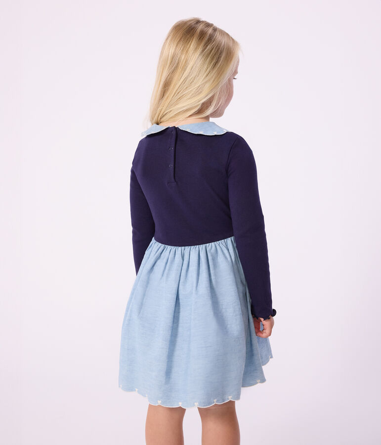 Katoenen kinderjurk met lange mouwen in twee materialen blauw SOIR