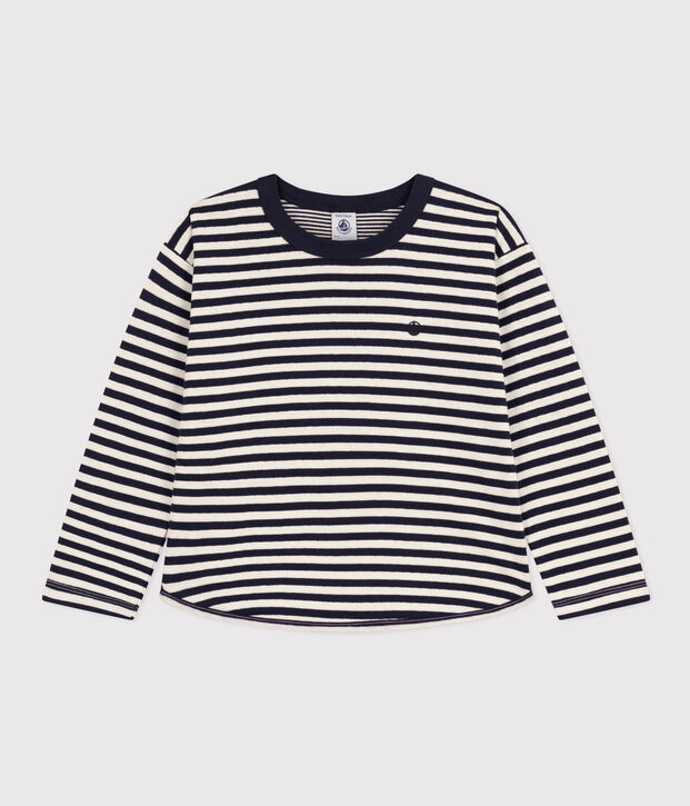 Tee-shirt manches longues en tubique enfant gar&ccedil;on bleu/&eacute;cru