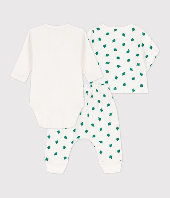 Ensemble 3 pièces bébé imprimé végétal en molleton bio blanc MARSHMALLOW/vert GAZON