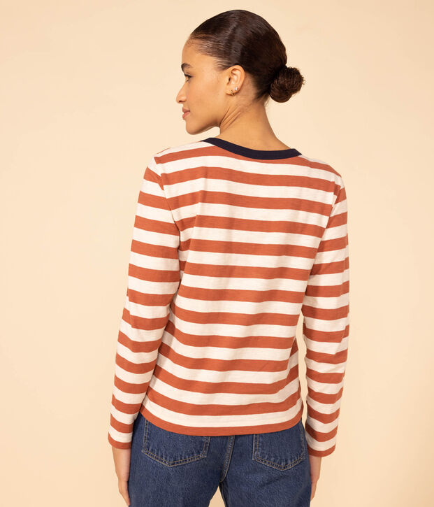 Tee-shirt LE DROIT col rond en coton Femme marron/&eacute;cru