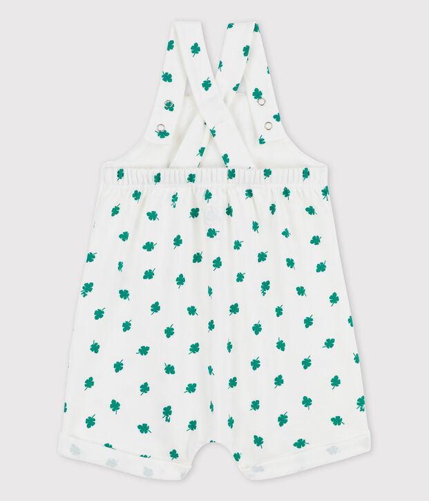Korte salopette van molton voor baby's met plantenprint wit/groen
