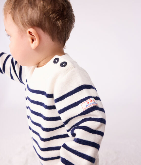 Pull marin bébé en laine et coton à rayures bleu MARSHMALLOW/ SOIR